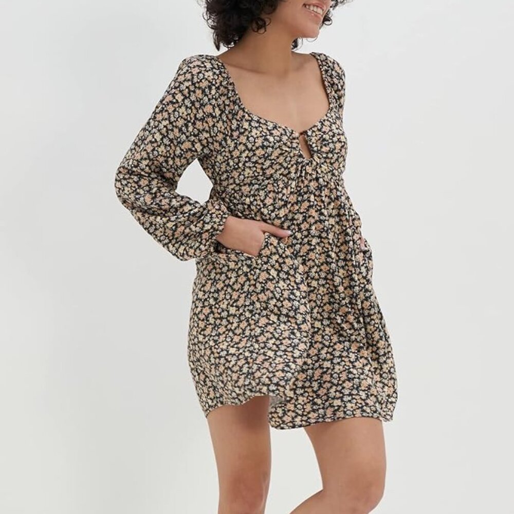 Floral Long-Sleeve Ring-Front Mini Dress M